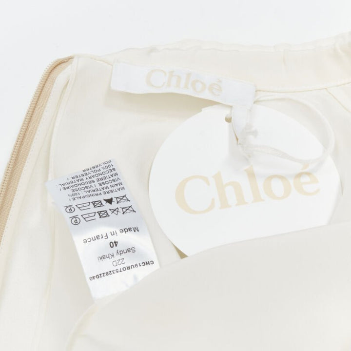 CHLOE 2019 Sandy Khaki speckle bohemian crochet sleeves layered dress FR40 M