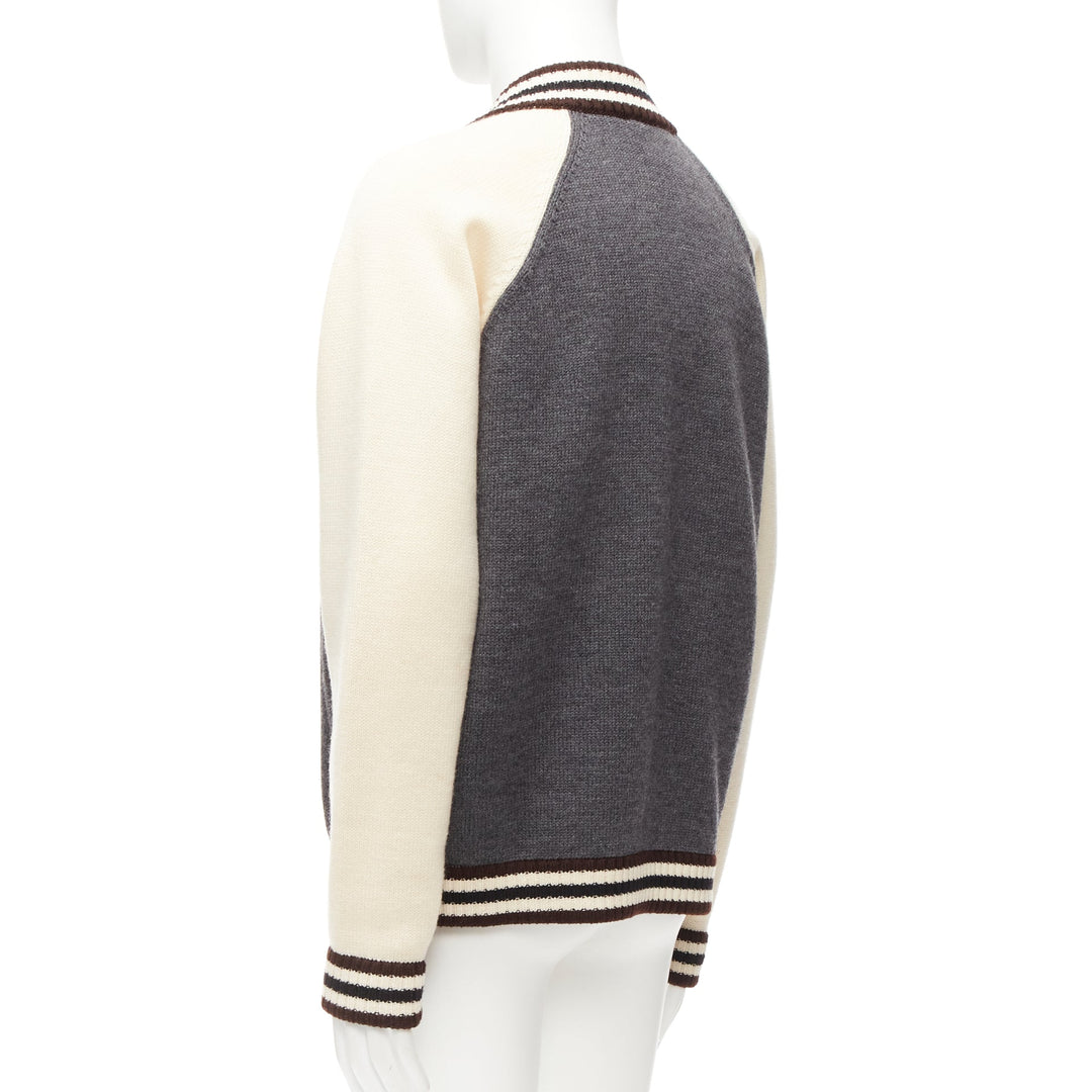 PRADA 2014 100% wool knit cream grey raglan varsity bomber jacket IT50 L