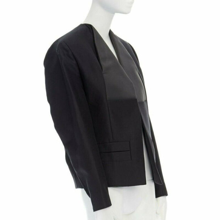 runway BALENCIAGA GHESQUIERE 2012 black leather panel collarless jacket FR34 XS
