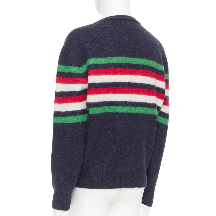 GUCCI navy green red striped embroidered logo crew sweater