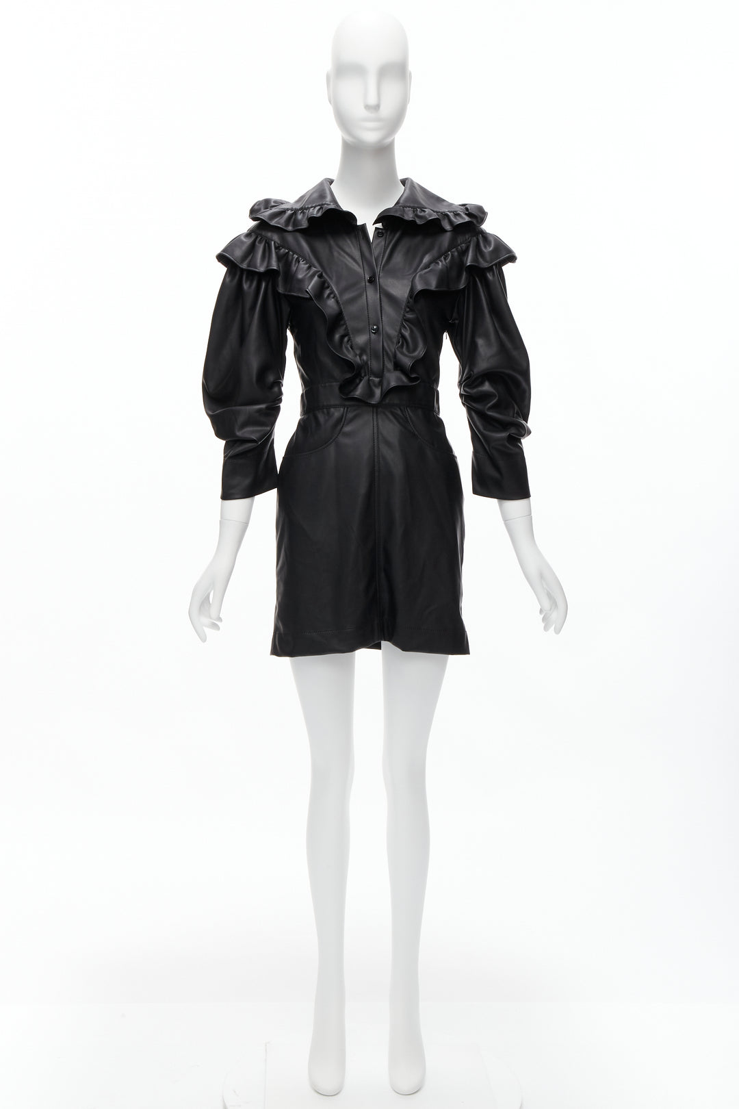 PHILOSOPHY DI LORENZO SERAFINI black faux leather Victorian ruffle dress IT38 XS
