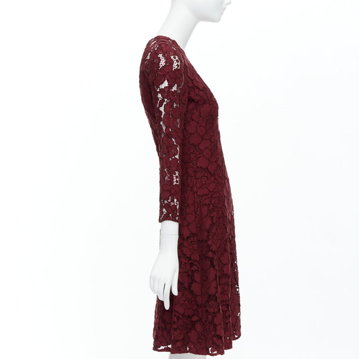 OSCAR DE LA RENTA 2016 burgundy lace sheer sleeves fit flare dressUS0 XS
