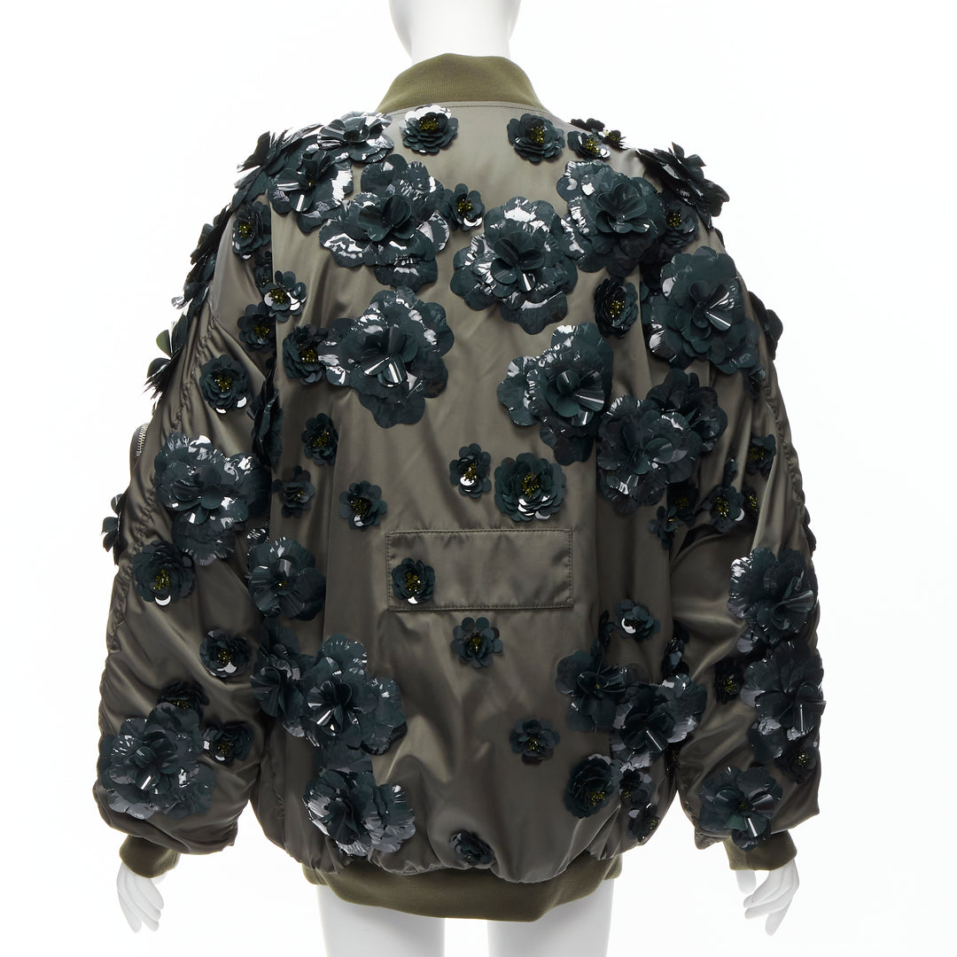 PRADA 2022 Runway Re-nylon green flower applique oversized bomber jacket XS