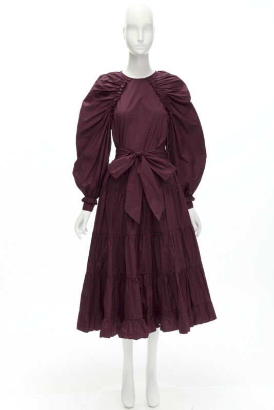 ULLA JOHNSON burgundy cotton bow belt balloon sleeves flared midi dress US2 XS