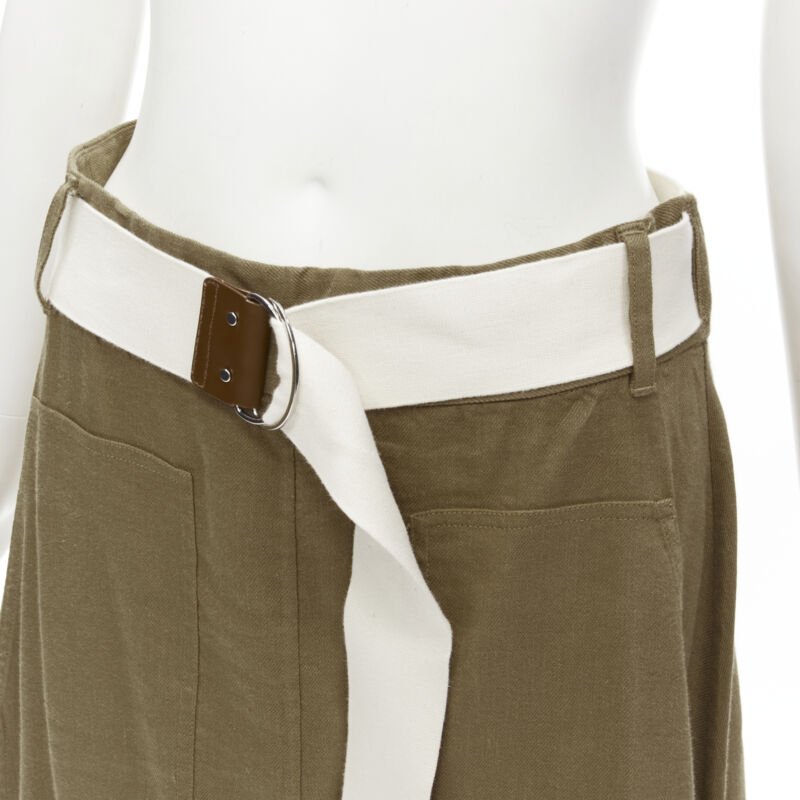 TIBI safari brown linen blend wide canvas belted wrap midi skirt US6 S