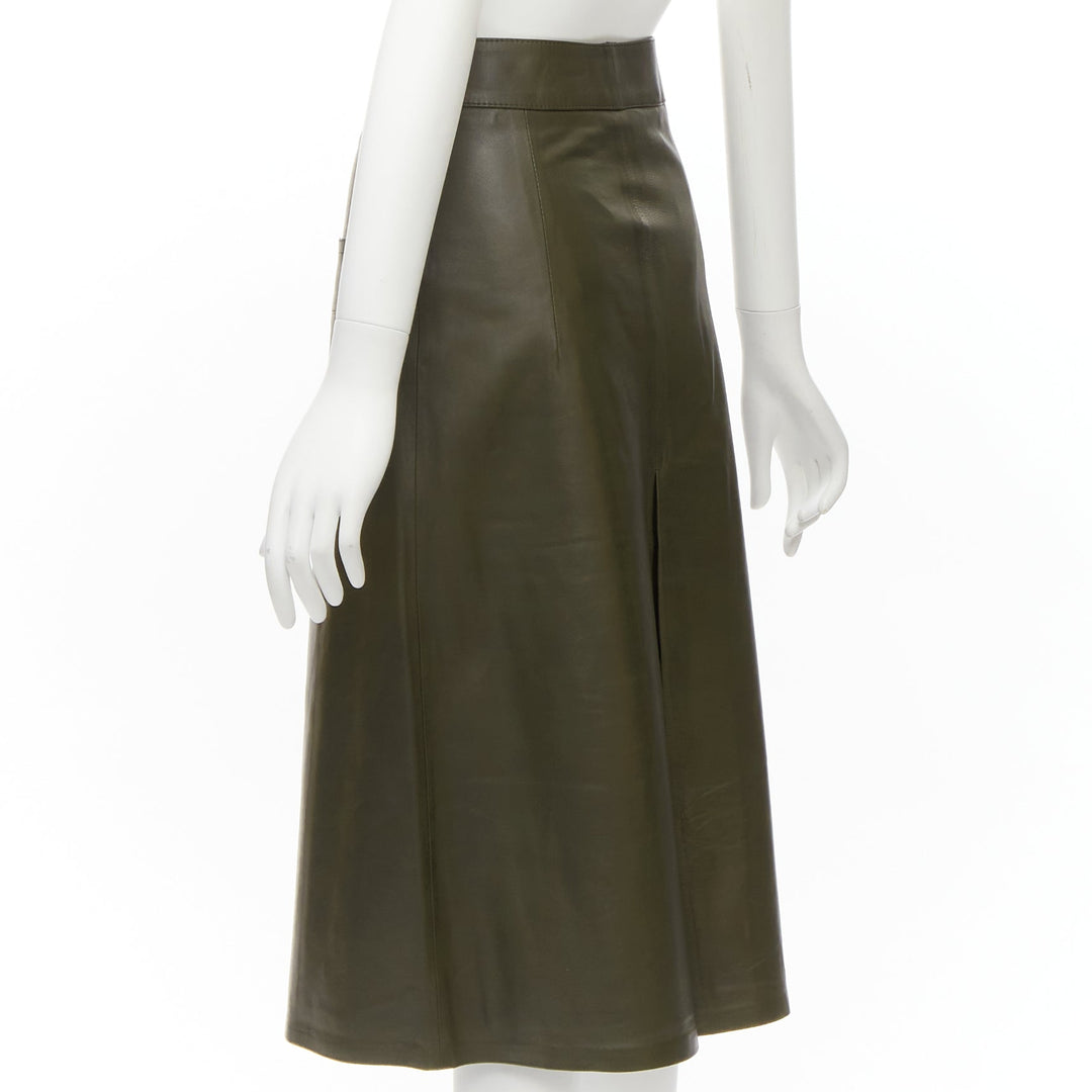 DODO BAR OR dark green genuine leather shell button pocketed pleated skirt IT40