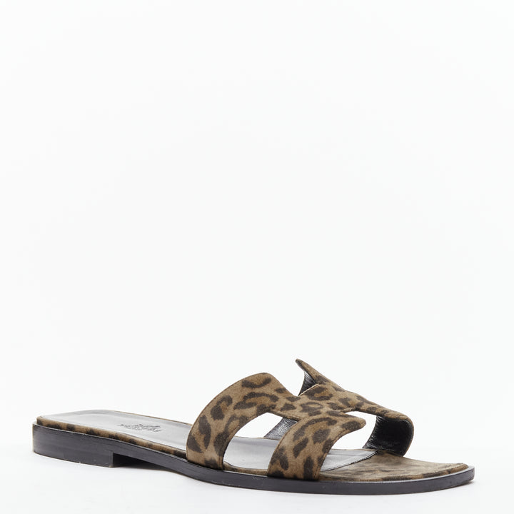 HERMES Oran H logo signature brown leopard print leather sandals EU37