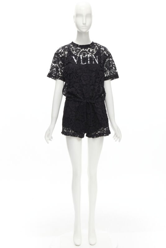 VALENTINO VLTN logo black lace white full floral lace playsuit romper XS