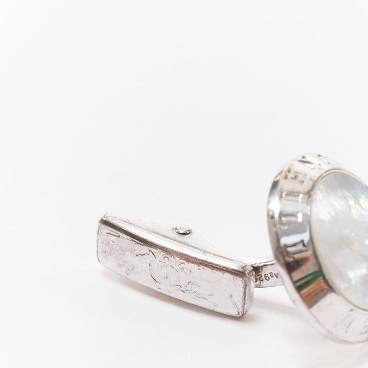 ALFRED DUNHILL 925 steel holographic mother of pearl round logo cufflinks