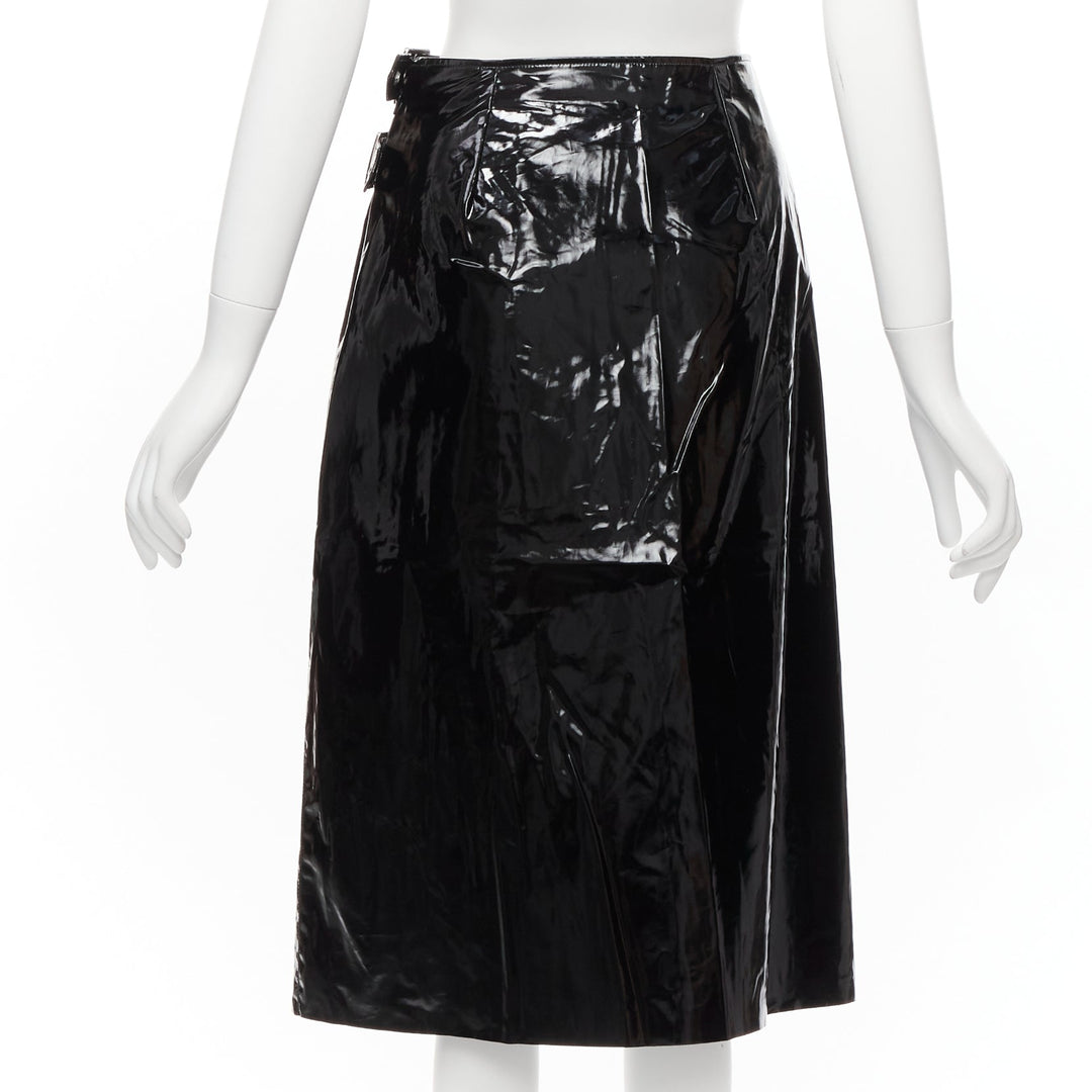 GUCCI black coated cotton vinyl silver buckle punk kilt pleated skirt IT38 XS