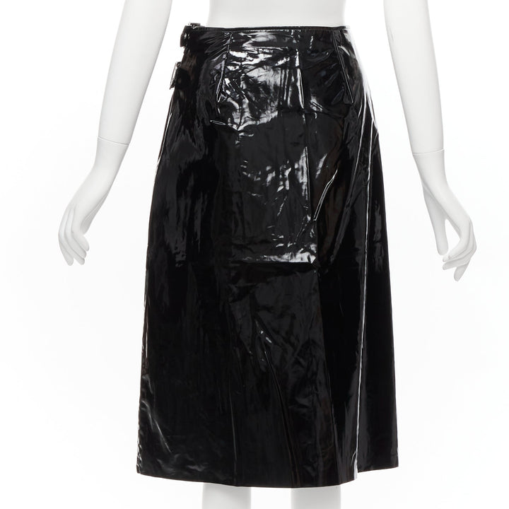 GUCCI black coated cotton vinyl silver buckle punk kilt pleated skirt IT38 XS