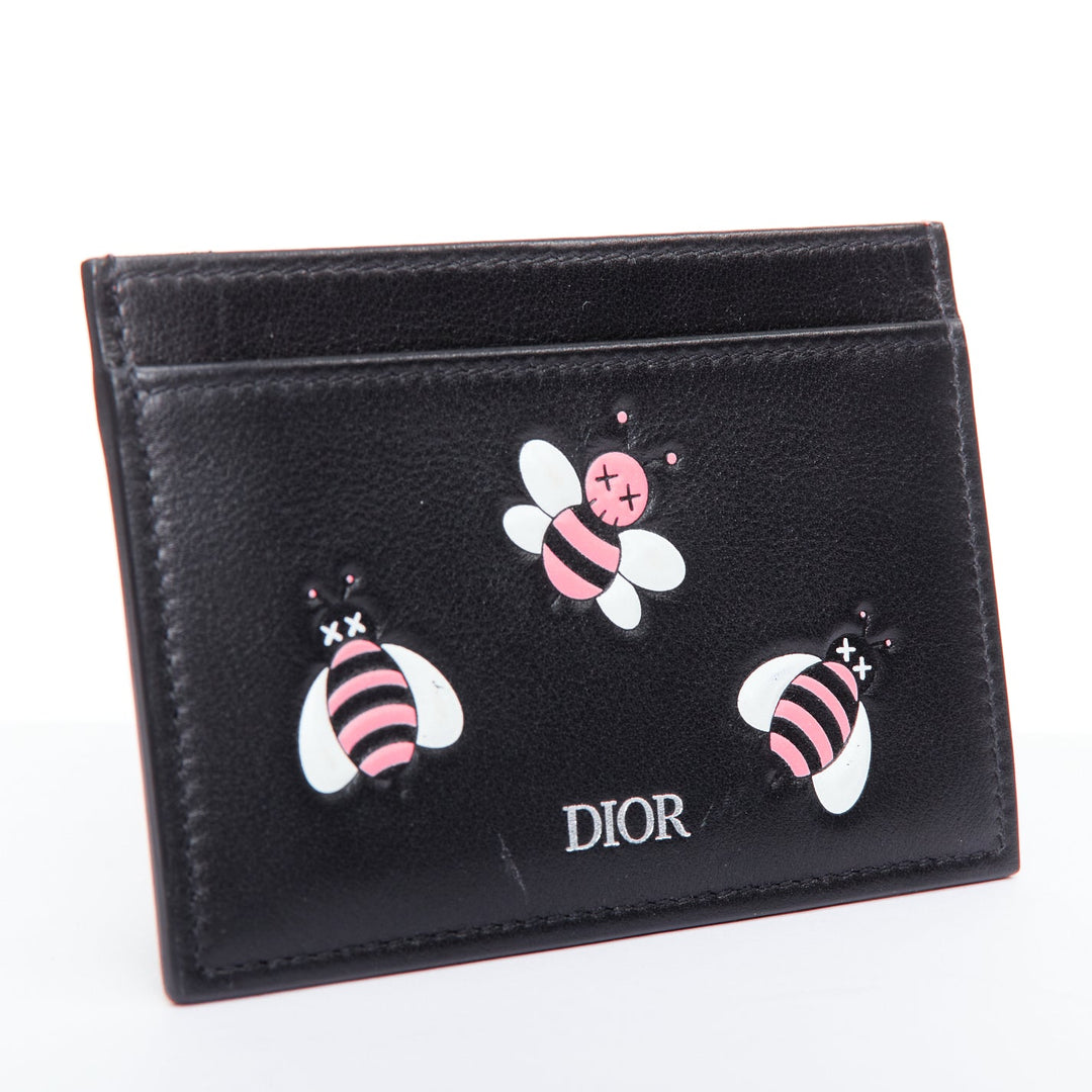 DIOR KAWS 201k pink bee XX black leather cardholder