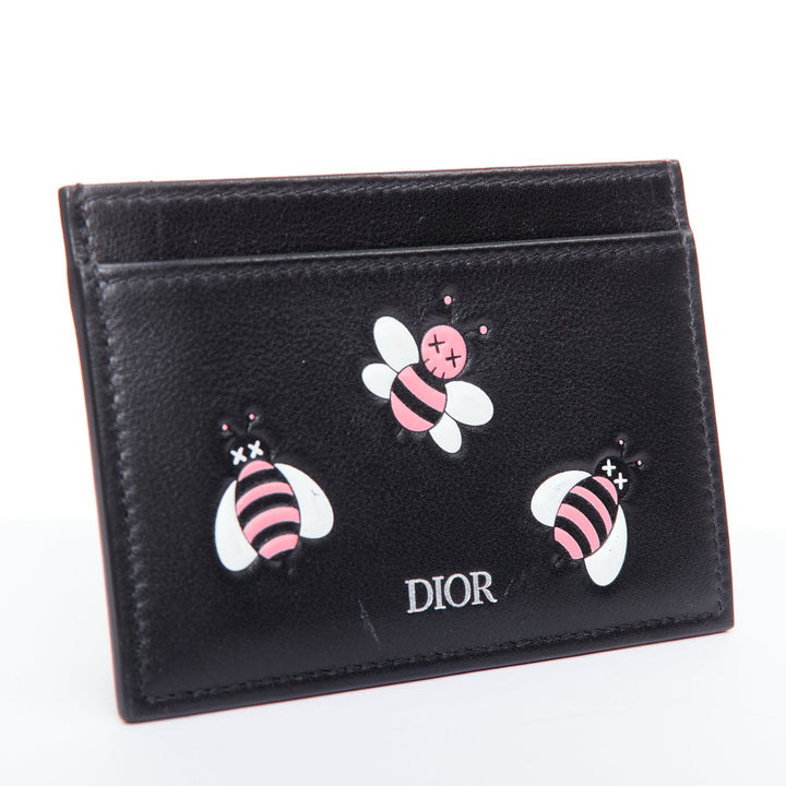 DIOR KAWS 201k pink bee XX black leather cardholder