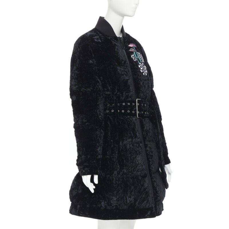 VERSUS VERSACE embroidery black crushed velvet belted puffer jacket IT38
