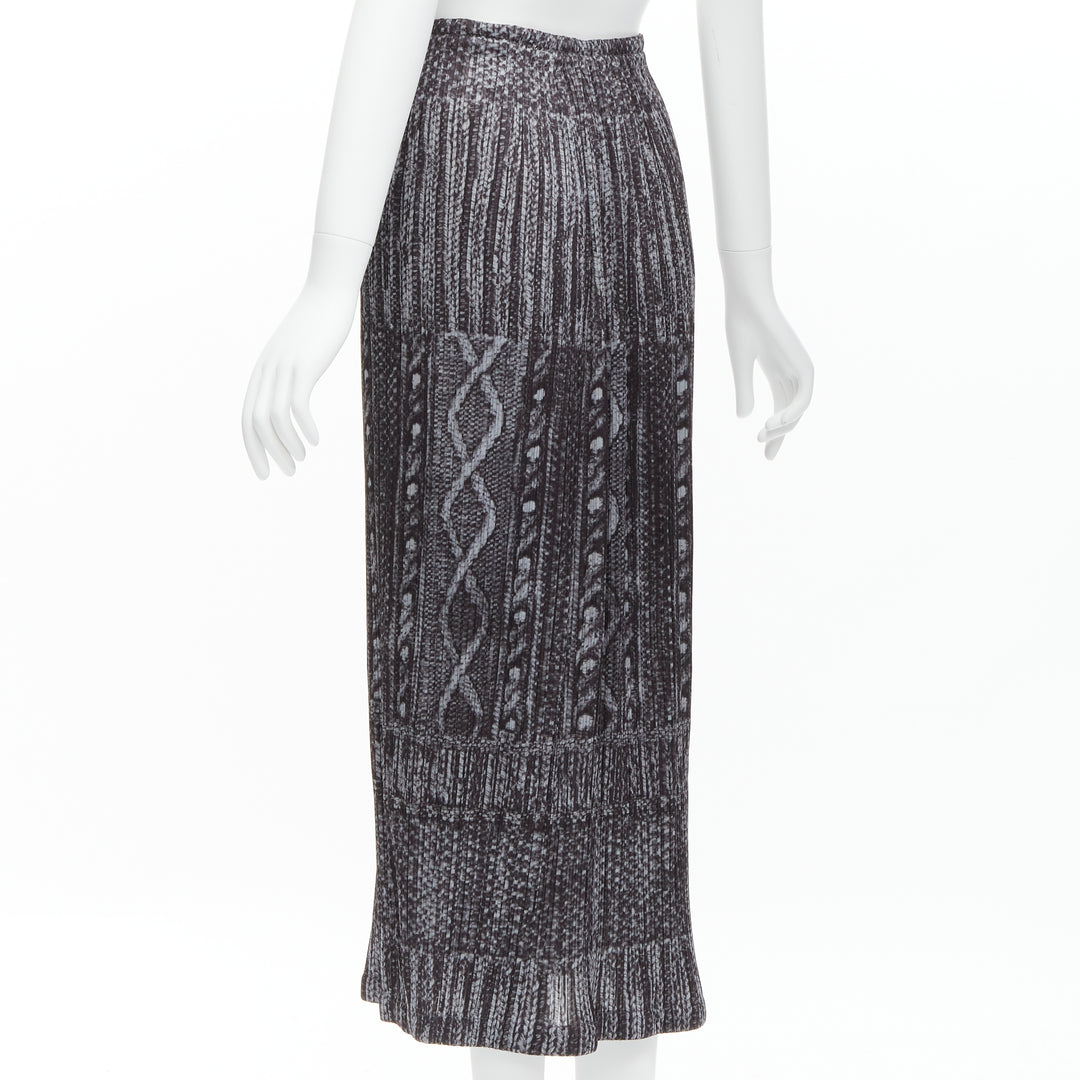 ISSEY MIYAKE PLEATS PLEASE grey black cable knit print pleated midi skirt JP2 M