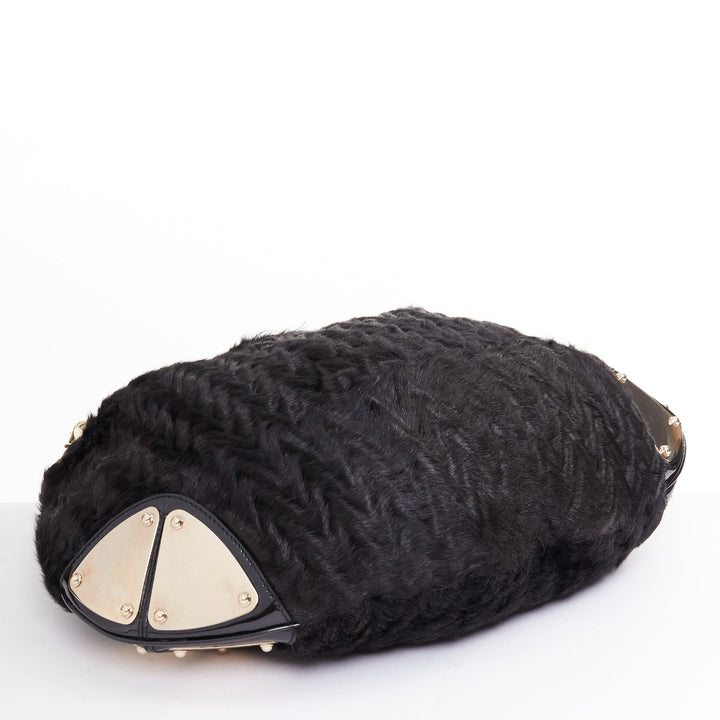GUCCI Indy black chevron cut fur gold saddle metal handle hobo bag
