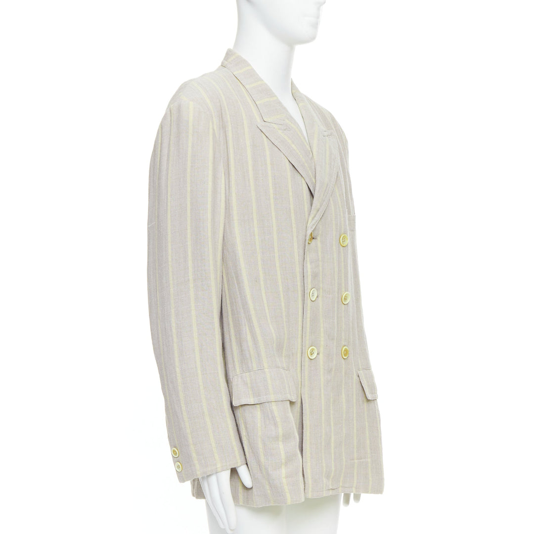 YOHJI YAMAMOTO stone grey cream striped  rayon linen double breasted blazer M