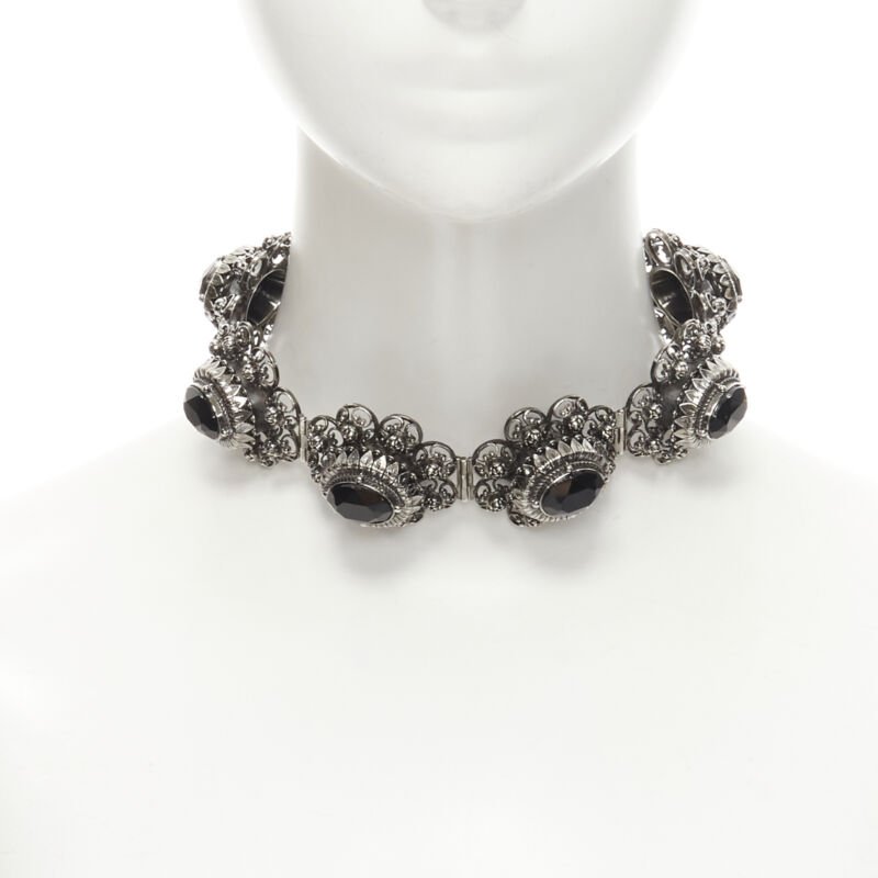ALEXANDER MCQUEEN Runway Rose Choker gunmetal silver black jewel choker necklace