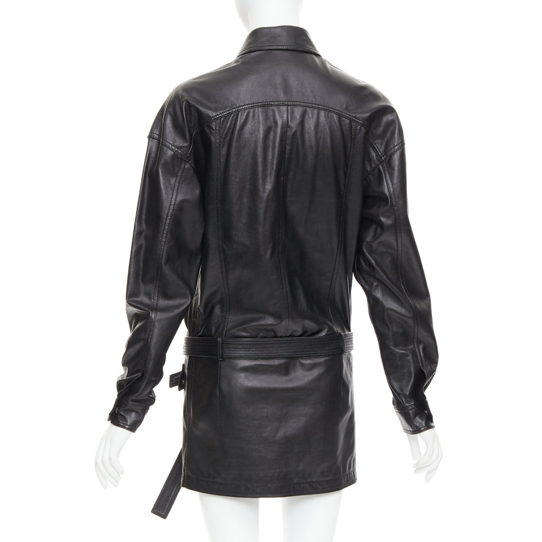 SAINT LAURENT 2018 black lambskin leather low waist safari shirt dress FR36 S