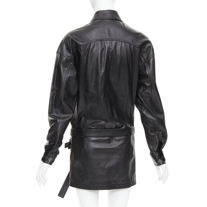 SAINT LAURENT 2018 black lambskin leather low waist safari shirt dress FR36 S
