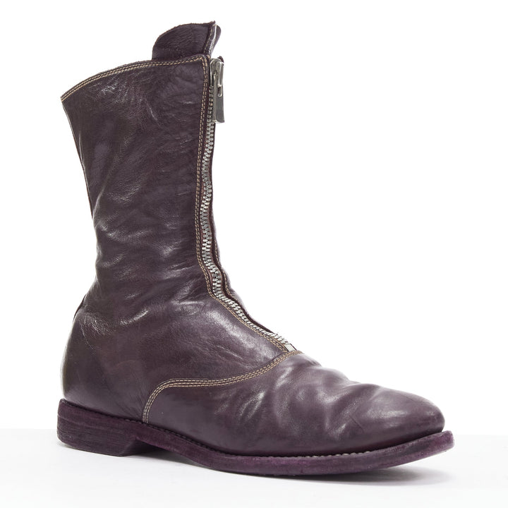MARSELL dark purple tumbled leather silver front zip ankle boots EU37