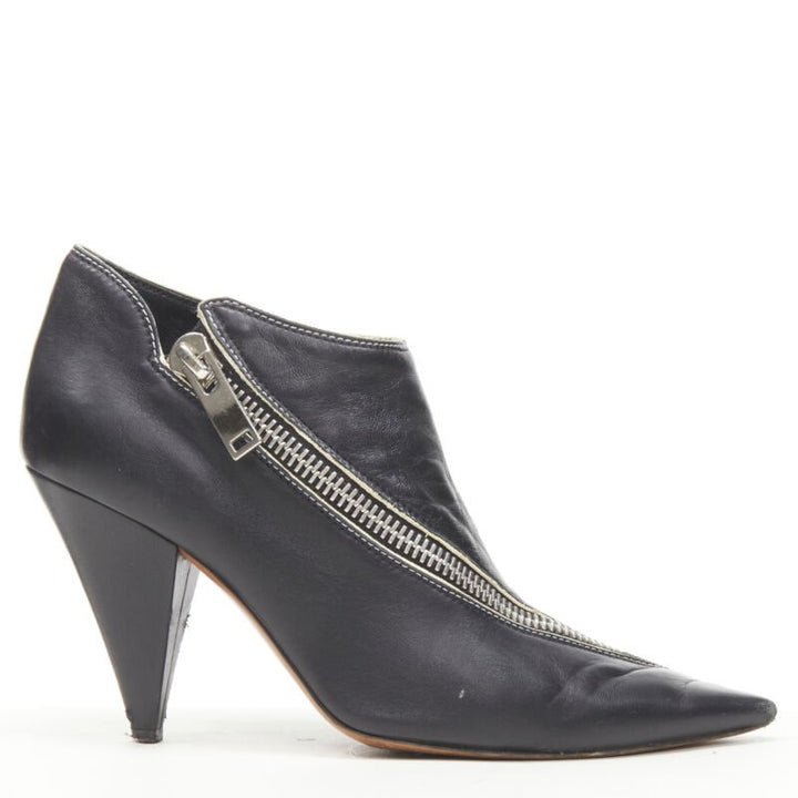 OLD CELINE Phoebe Philo black leather twist silver zip cone heel bootie EU36.5