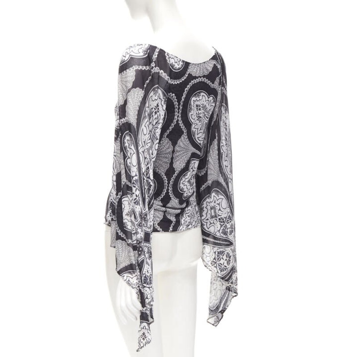 GUCCI Black white paisley print bohemian kimono sleeve blouse XS