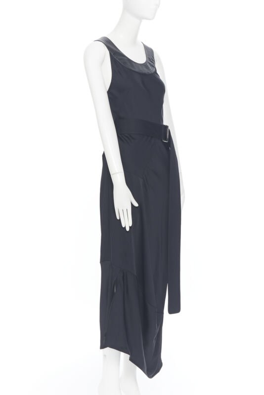 VICTORIA BECKHAM 2018 Runway black satin leather collar belted dress UK12 L