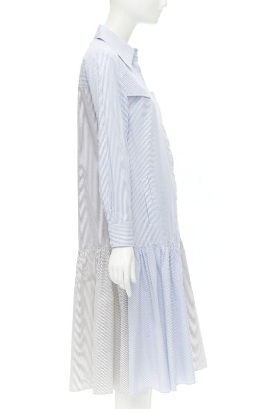 TIBI blue grey striped cotton asymmetric pockets flutter skirt shirt dress XS