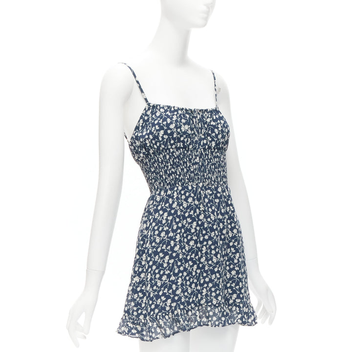 REFORMATION Elyse white navy floral print smocked bodice mini dress US2 S