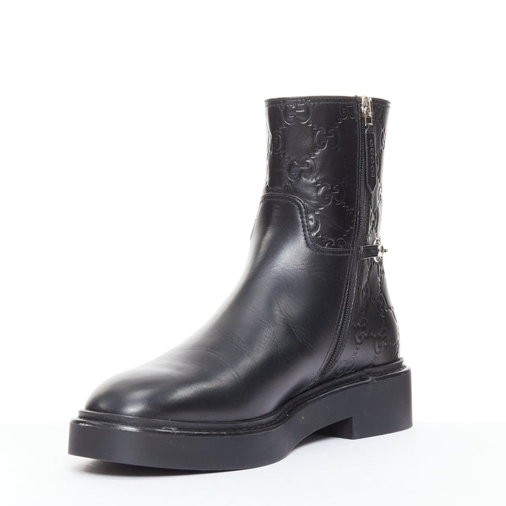 GUCCI Slim Horsebit black silver GG monogram embossed ankle boots EU37