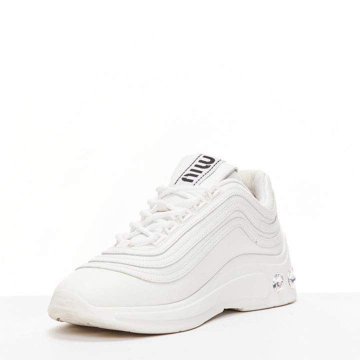 MIU MIU white leather logo tongue clear big crystal heels chunky sneakers EU38