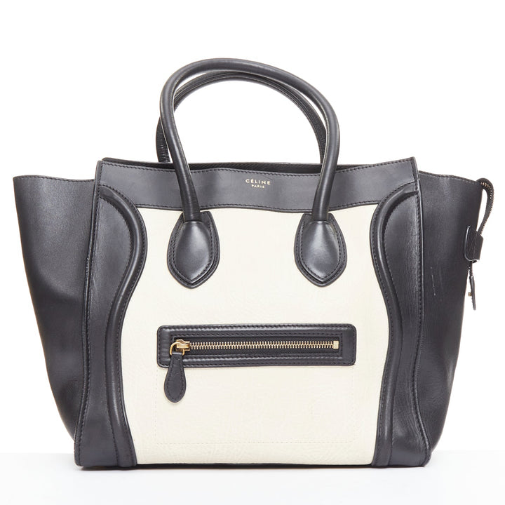 CELINE Luggage Mini black cream bicolor nubuck calfskin flared bag