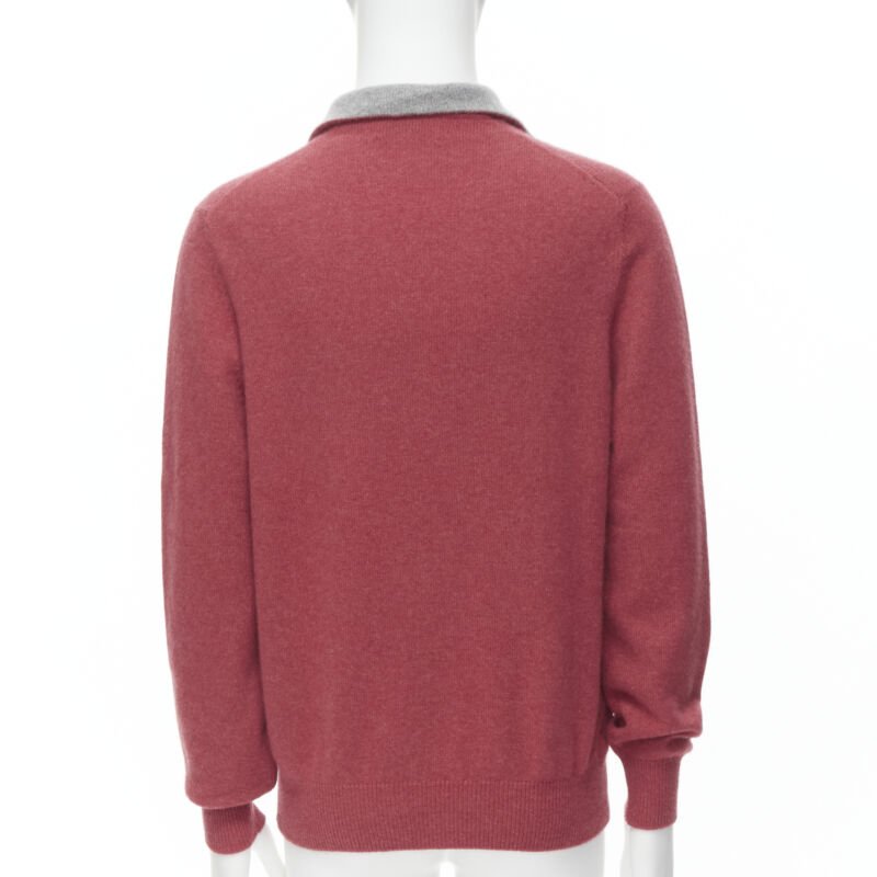 BRUNELLO CUCINELLI 100% cashmere grey collar half zip pullover sweater EU52 XL