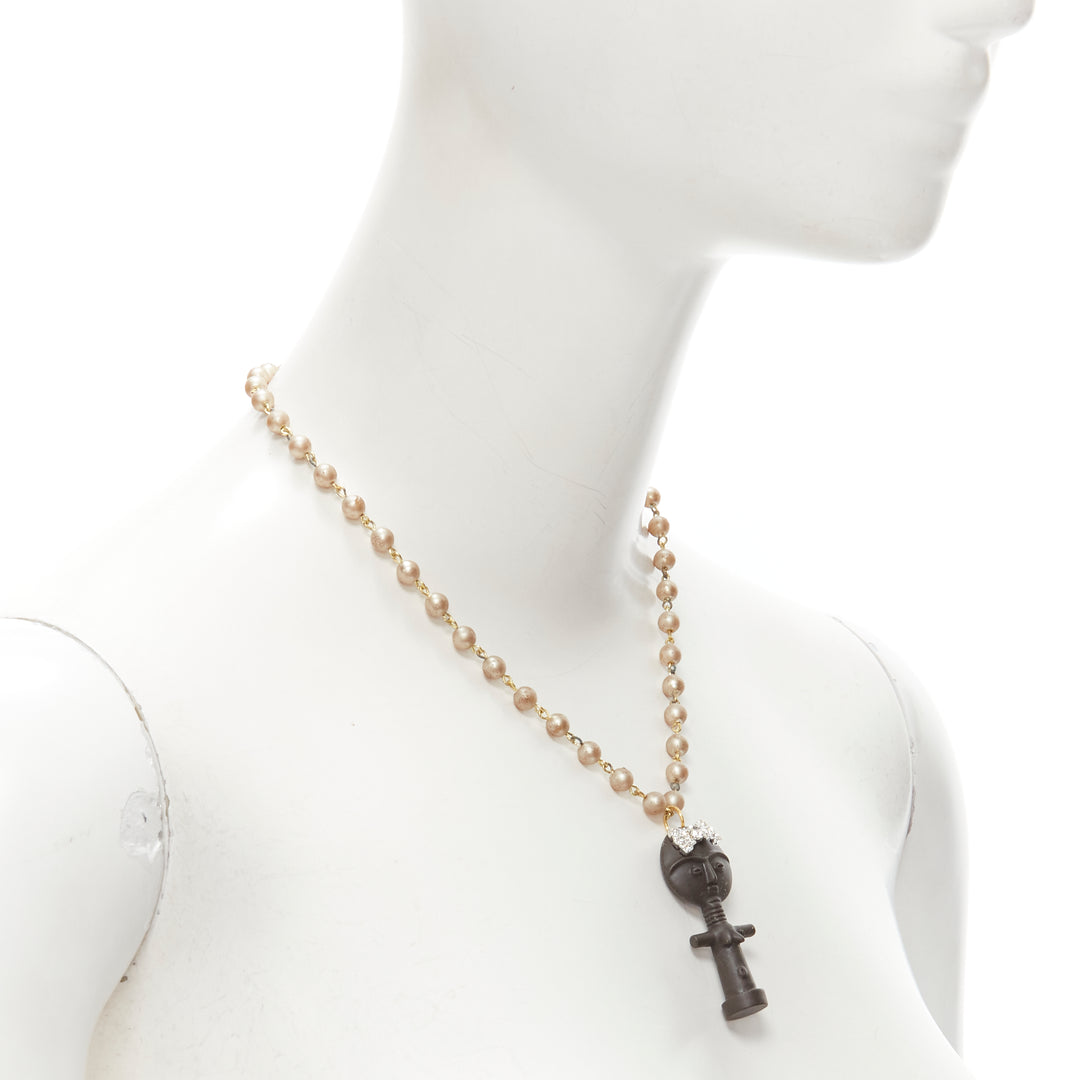 LE BIJOUX DE SOPHIE black crystal aboriginal statue pearl chain necklace
