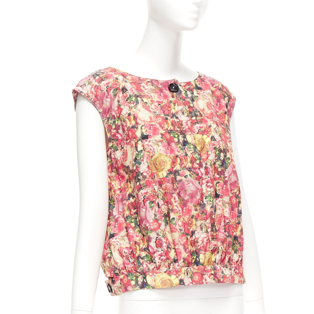 MARNI pink green floral print black button boxy vest top IT38 XS