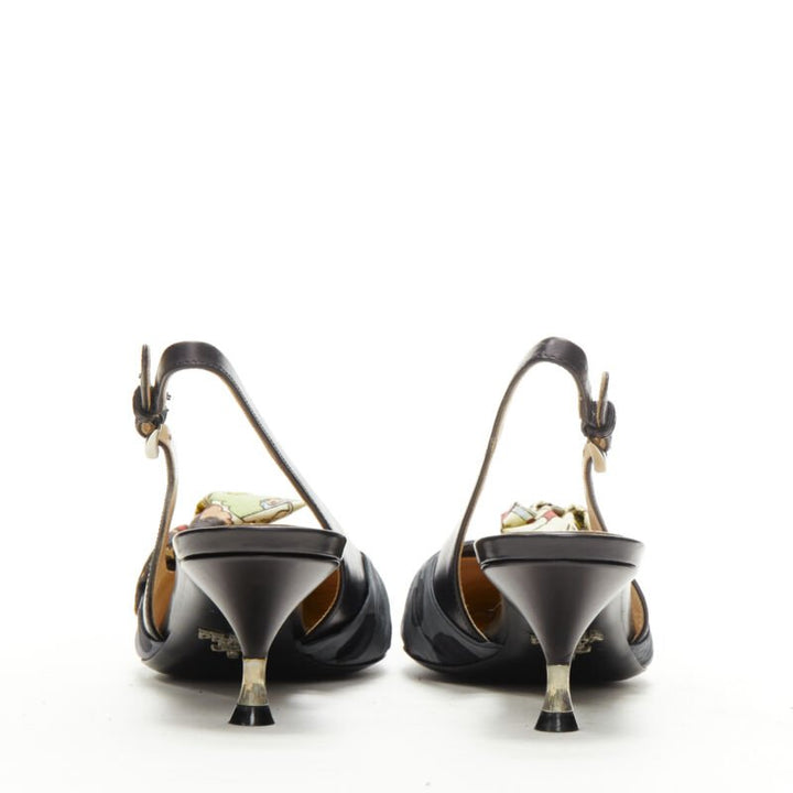 PRADA 2018 Comic print fabric wrap bow slingback kitten heel pump EU36