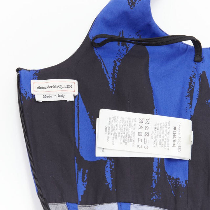 ALEXANDER MCQUEEN 2022 black blue abstract print fit flared scoop dress It38 S
