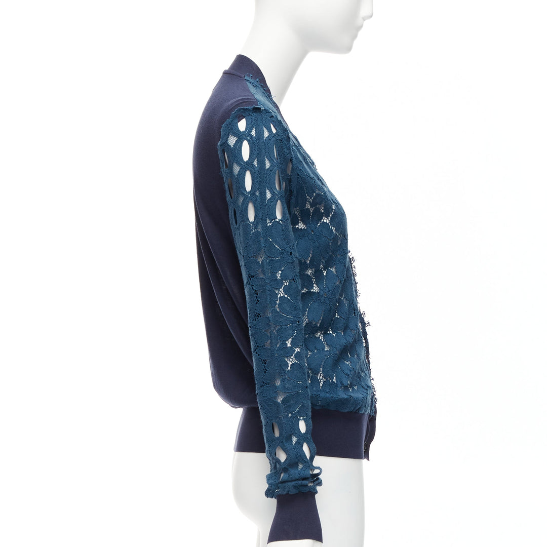 LANVIN 2015 blue silk cotton floral lace sheer long sleeve V neck cardigan S