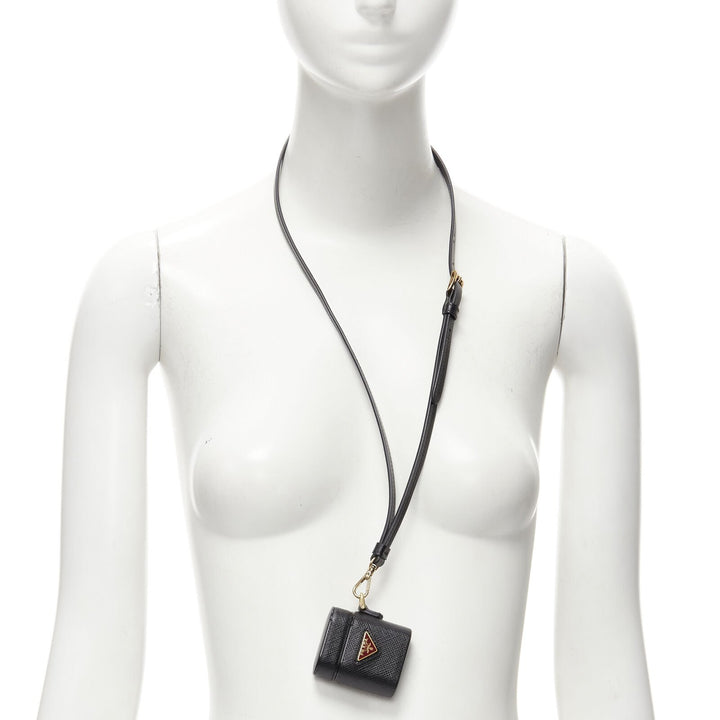 PRADA Symbole Triangle logo saffiano leather Ear Pod lanyard bag black red