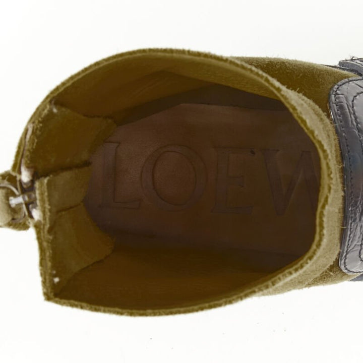 LOEWE black black scaled leather embossed brown suede sock loafer boot EU36