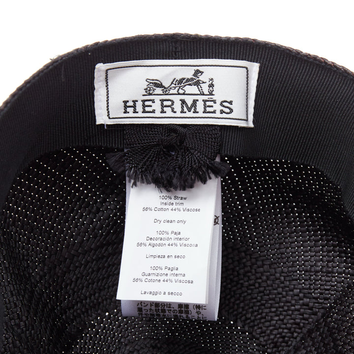 HERMES Riley Panama black straw small silver logo cotton lined cap hat 57cm