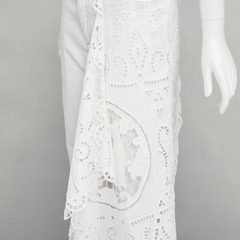 MONSE white denim cotton embroidery anglais draped trim straight leg jeans US2 S