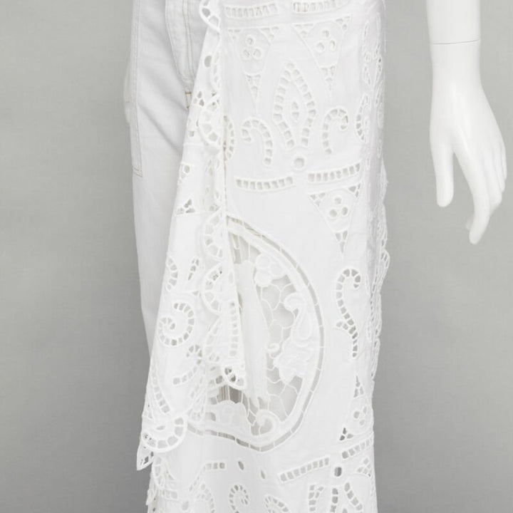 MONSE white denim cotton embroidery anglais draped trim straight leg jeans US2 S