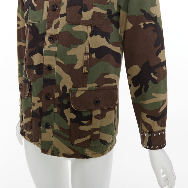 SAINT LAURENT 2015 green khaki camo print cotton studded army jacket XS