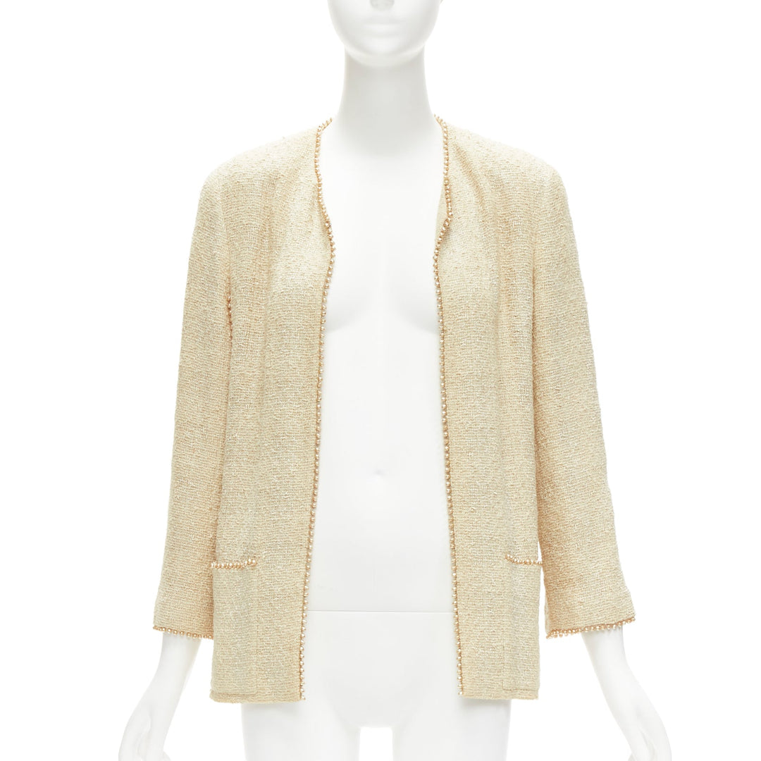 CHANEL Karl Lagerfeld 99P Vintage pearl trim boucle tweed jacket FR40 L