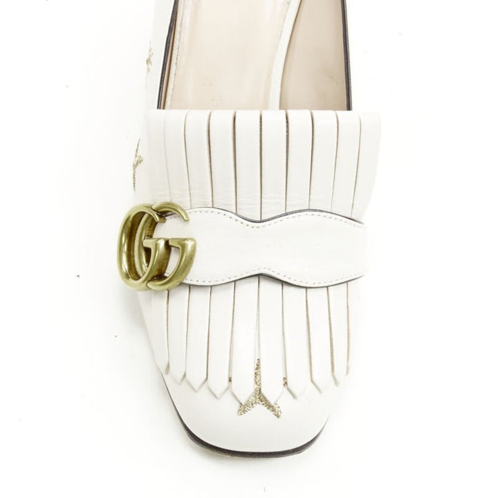 GUCCI Marmont Bee Star white gold embroidery fringe block loafer pump EU36.5