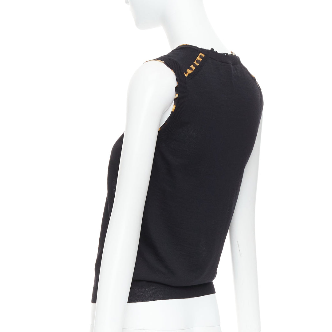 YVES SAINT LAURENT black virgin wool leopard silk trim sweater vest S