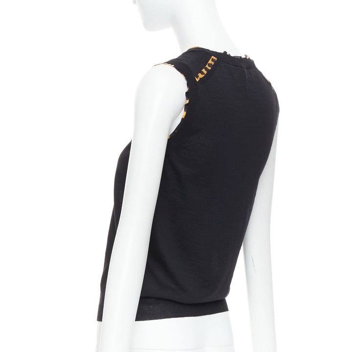 YVES SAINT LAURENT black virgin wool leopard silk trim sweater vest S