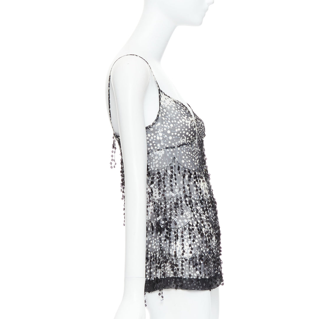 CHANEL 02A black grey sequin fringe applique sheer camisole FR38 M
